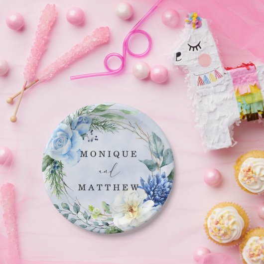 Dusty and Navy Blue Floral Wedding Papieren Bordje (Feest)