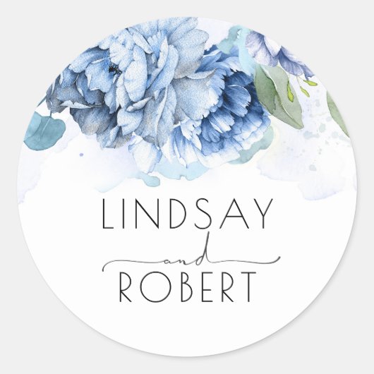 Dusty and Navy Blue Floral Wedding Ronde Sticker (Voorkant)