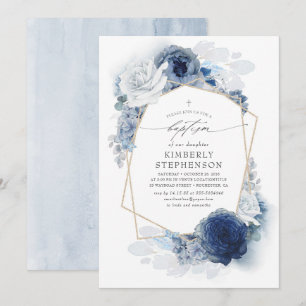 Dusty and Navy Blue Flowers Elegant Modern Baptism Kaart