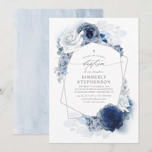 Dusty and Navy Blue Flowers Elegant Modern Baptism Kaart (Voorkant / Achterkant)