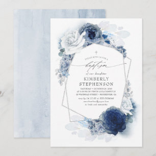 Dusty and Navy Blue Flowers Elegant Modern Baptism Kaart
