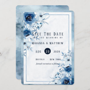 Dusty and Navy Blue Paint Peony Save the Date Card Kaart