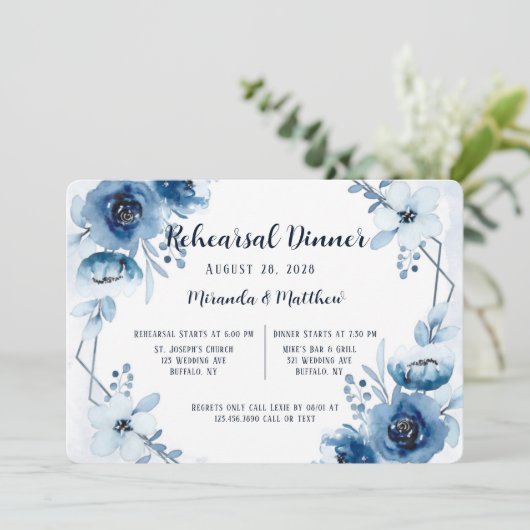 Dusty and Navy Blue Peony Rehearsal Dinner Kaart (Staand voorkant)