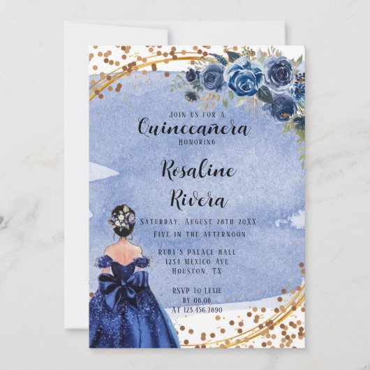 Dusty and Navy Gold Girl Quinceanera Birthday Kaart (Voorkant)