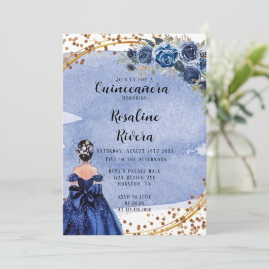 Dusty and Navy Gold Girl Quinceanera Birthday Kaart (Staand voorkant)
