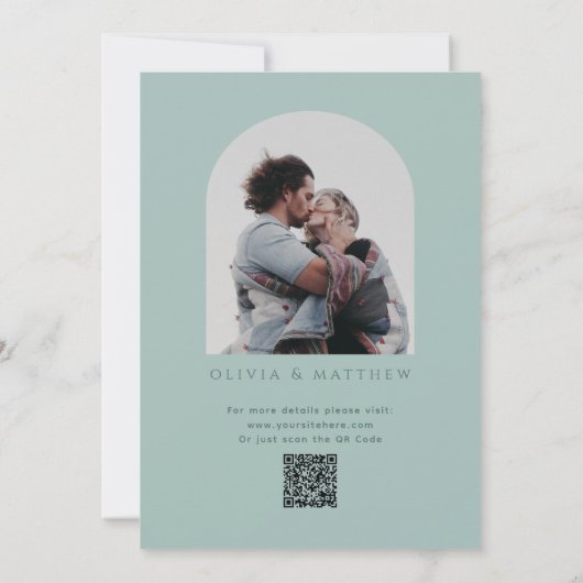 Dusty Aqua Arch Wedding | Nautische foto + QR-code Kaart (Achterkant)