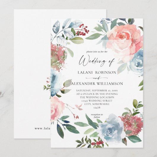 Dusty Baby Blue & Roze Blush 2 Floral Weddenschap  Kaart (Voorkant / Achterkant)