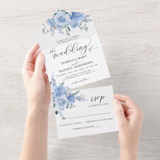 Dusty Baby Light Blue Floral Botanical Wedding All In One Uitnodiging (Afscheurbaar)