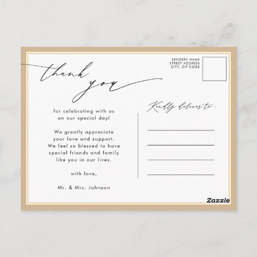 Dusty Beige Elegant Script Chic Weddenschap Bedank Briefkaart (Achterkant)