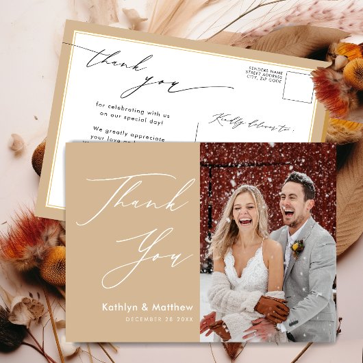 Dusty Beige Elegant Script Chic Weddenschap Bedank Briefkaart