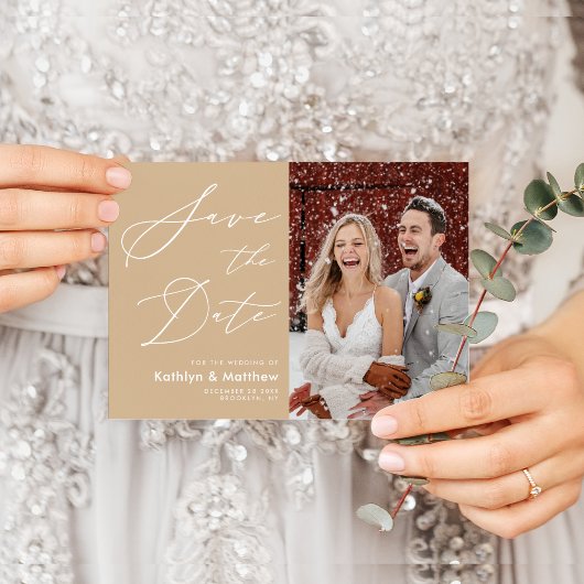Dusty Beige Elegant Script Modern Photo Wedding Save The Date
