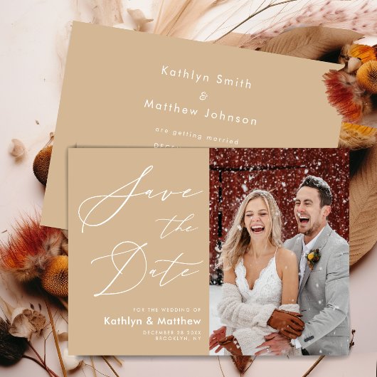 Dusty Beige Elegant Script Modern Photo Wedding Save The Date