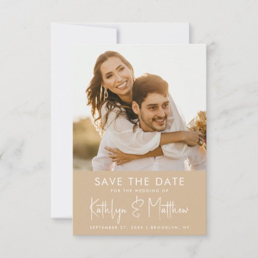 Dusty Beige Fun Script Modern Photo Weddenschap Save The Date (Voorkant)