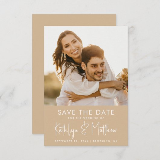 Dusty Beige Fun Script Modern Photo Weddenschap Save The Date (Voorkant / Achterkant)