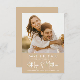 Dusty Beige Fun Script Modern Photo Weddenschap Save The Date