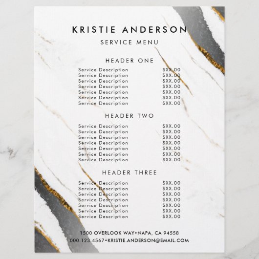 Dusty Black Gold White Marble Pricing & Services Flyer (Voorkant)