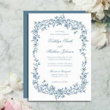 Dusty Blauw  Bloemen Elegant Script Bruiloft