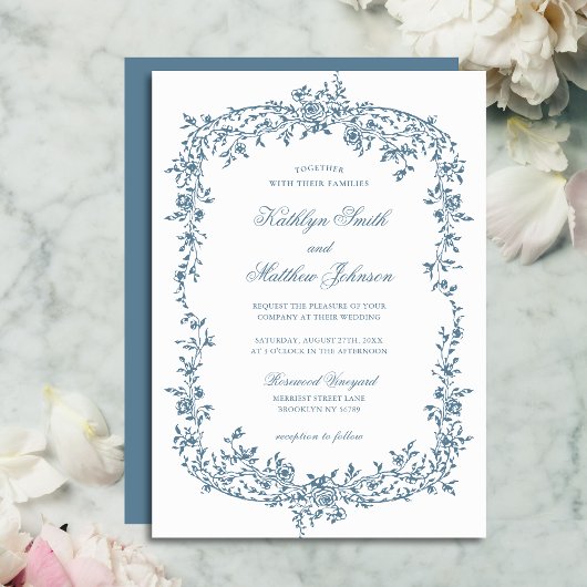 Dusty Blauw Bloemen Elegant Script Bruiloft Kaart