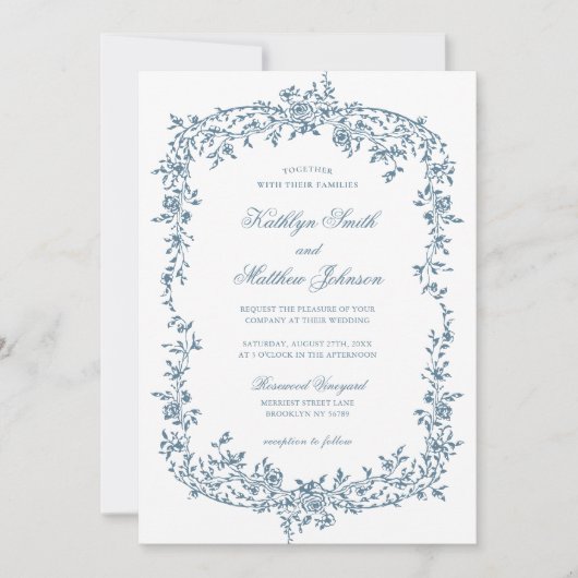 Dusty Blauw  Bloemen Elegant Script Bruiloft Kaart (Voorkant)