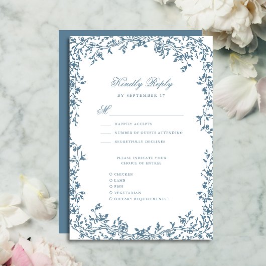 Dusty Blauw  Bloemen Elegant Script Bruiloft RSVP Kaartje