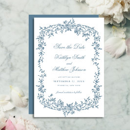 Dusty Blauw  Bloemen Elegant Script Bruiloft Save The Date