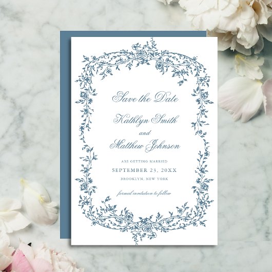 Dusty Blauw  Bloemen Elegant Script Bruiloft Save The Date