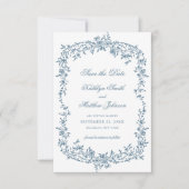 Dusty Blauw  Bloemen Elegant Script Bruiloft Save The Date (Voorkant)