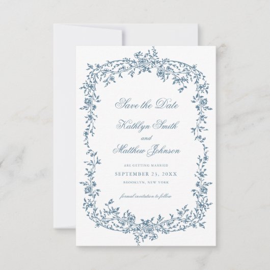 Dusty Blauw Bloemen Elegant Script Bruiloft Save The Date (Voorkant)