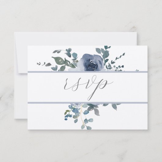 Dusty Blauw Bloemen en Grijs Bruiloft RSVP Kaart (Voorkant)