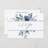 Dusty Blauw Bloemen en Grijs Bruiloft RSVP Kaart (Voorkant / Achterkant)
