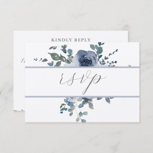 Dusty Blauw Bloemen en Grijs Bruiloft RSVP Kaart (Voorkant / Achterkant)
