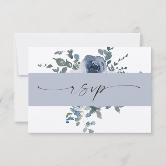 Dusty Blauw Bloemen en Zwart Bruiloft RSVP Kaart (Voorkant)