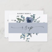 Dusty Blauw Bloemen en Zwart Bruiloft RSVP Kaart (Voorkant / Achterkant)
