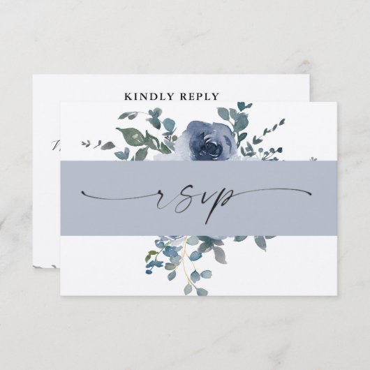 Dusty Blauw Bloemen en Zwart Bruiloft RSVP Kaart (Voorkant / Achterkant)