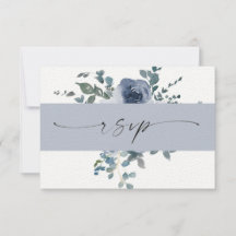Dusty Blauw Bloemen en Zwart Bruiloft RSVP