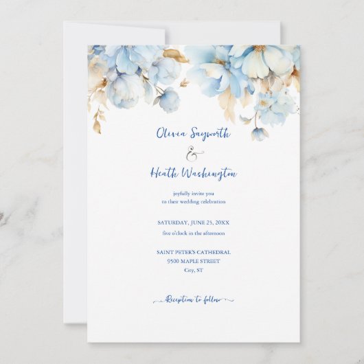 Dusty Blauw Bloemen Goud Bruiloft 2 Kaart (Voorkant)
