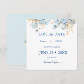 Dusty Blauw Bloemen Goud Bruiloft 2 Save The Date (Voorkant / Achterkant)
