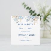 Dusty Blauw Bloemen Goud Bruiloft 2 Save The Date (Staand voorkant)