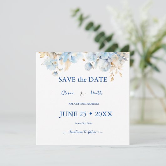 Dusty Blauw Bloemen Goud Bruiloft 2 Save The Date (Staand voorkant)