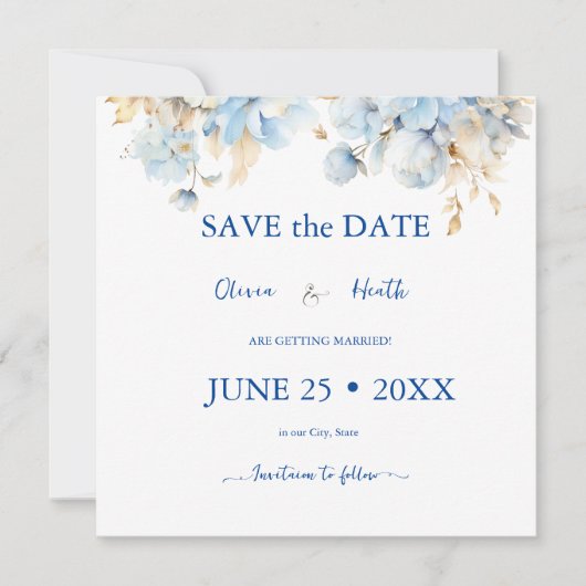 Dusty Blauw Bloemen Goud Bruiloft 2 Save The Date (Voorkant)