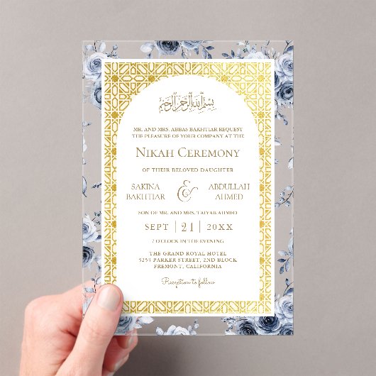 Dusty Blauw Bloemen Goud Patroon Moslim Bruiloft Acryl Uitnodigingen (Insitu (Draagbaar))