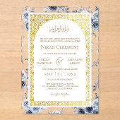 Dusty Blauw Bloemen Goud Patroon Moslim Bruiloft Acryl Uitnodigingen (Voorkant)