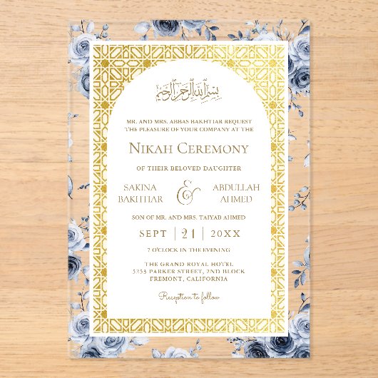 Dusty Blauw Bloemen Goud Patroon Moslim Bruiloft Acryl Uitnodigingen (Voorkant)