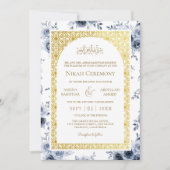 Dusty Blauw Bloemen Goud Patroon Moslim Bruiloft Kaart (Voorkant)