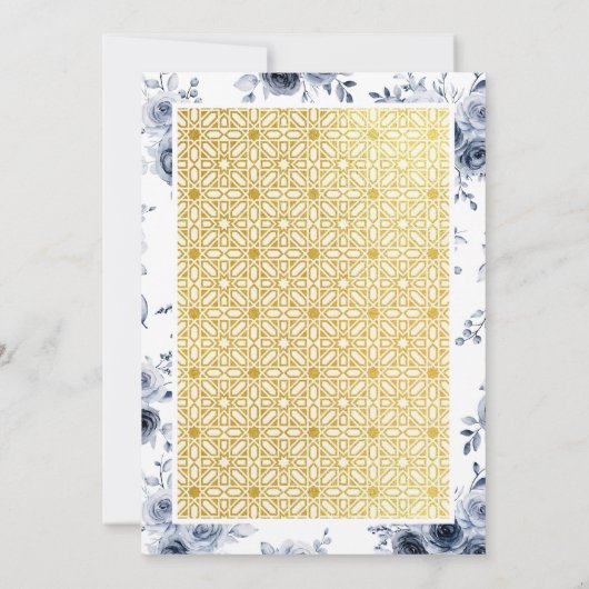 Dusty Blauw Bloemen Goud Patroon Moslim Bruiloft Kaart (Achterkant)