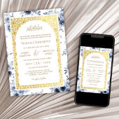 Dusty Blauw Bloemen Goud Patroon Moslim Bruiloft Kaart