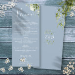 Dusty Blauw Bloemen Groen Monogram Bruiloft Diner Menu<br><div class="desc">Deze elegante stoffige blauwe bloemige botanische groen bladeren bruiloft menu kan worden gepersonaliseerd met uw informatie in chique typografie met uw monogram initialen op de achterkant. Ontworpen door Thisnotme©</div>