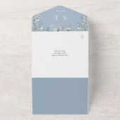 Dusty Blauw Bloemen Monogram QR Code Bruiloft All In One Uitnodiging (Buitenkant)