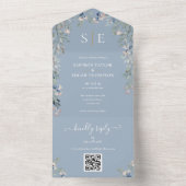 Dusty Blauw Bloemen Monogram QR Code Bruiloft All In One Uitnodiging (Binnen)