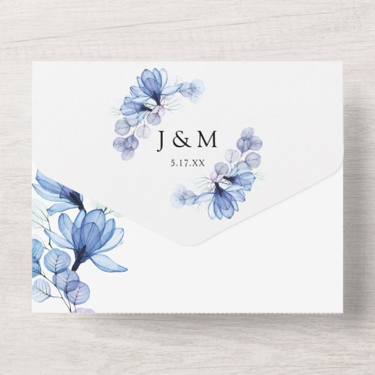 Dusty Blauw Bloemen Monogram QR Code Bruiloft All In One Uitnodiging (Achterkant)